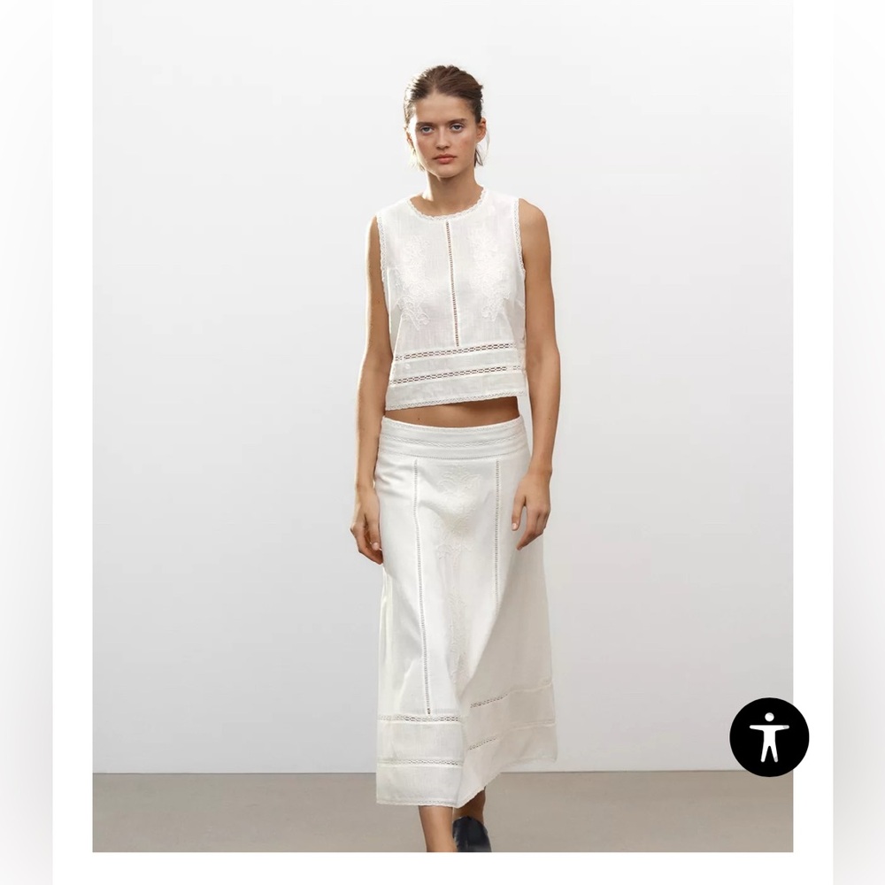 ZW COLLECTION EMBROIDERED PEPLUM TOP AND MIDI SKIRT SET. SIZE LARGE